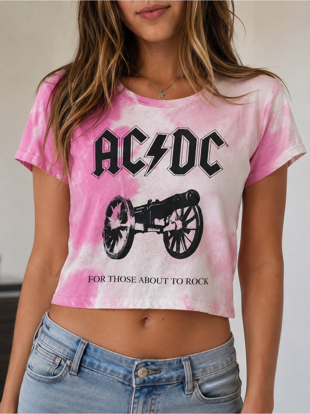 Women's AC/DC Graphic Tee - XS Pink Tie Dye Crop Top